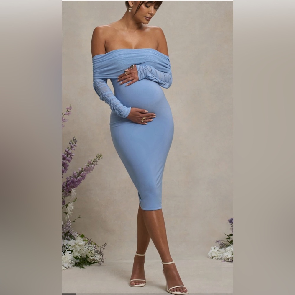 Elegant Blue Off-Shoulder Long Sleeve Dress